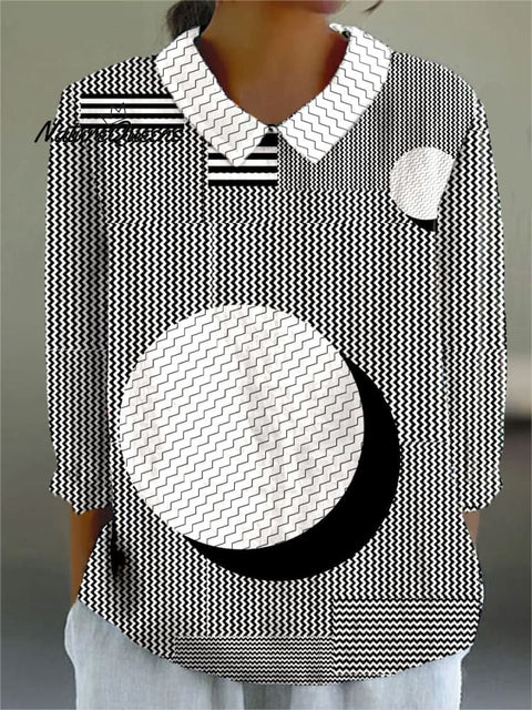 Women's Retro Abstract Geometric Art Print Casual Cotton And Linen 3/4 Sleeve Shirt