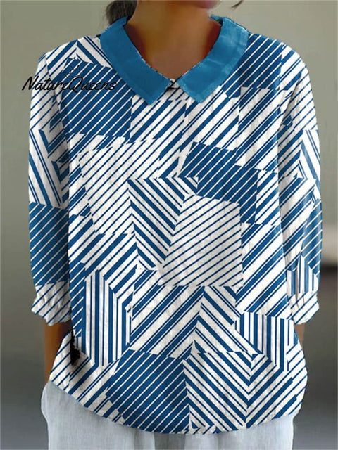 Women's Retro Abstract Geometric Art Print Casual Cotton And Linen 3/4 Sleeve Shirt