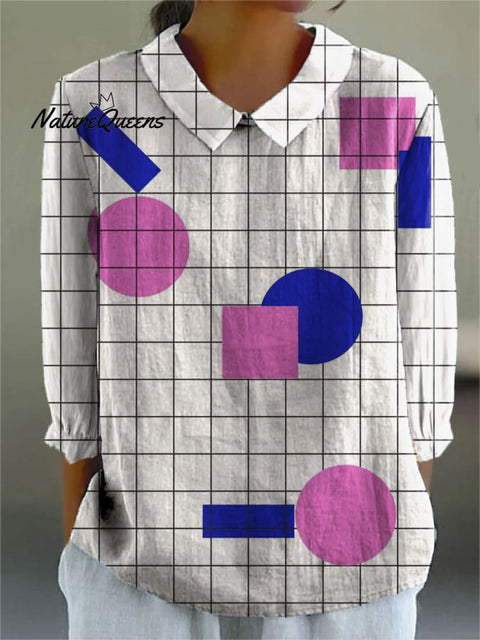 Women's Retro Abstract Geometric Art Print Casual Cotton And Linen 3/4 Sleeve Shirt