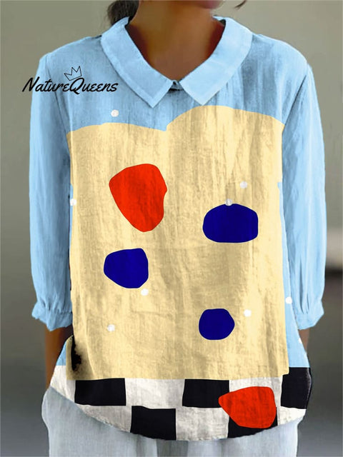 Women's Retro Abstract Geometric Art Print Casual Cotton And Linen 3/4 Sleeve Shirtrt