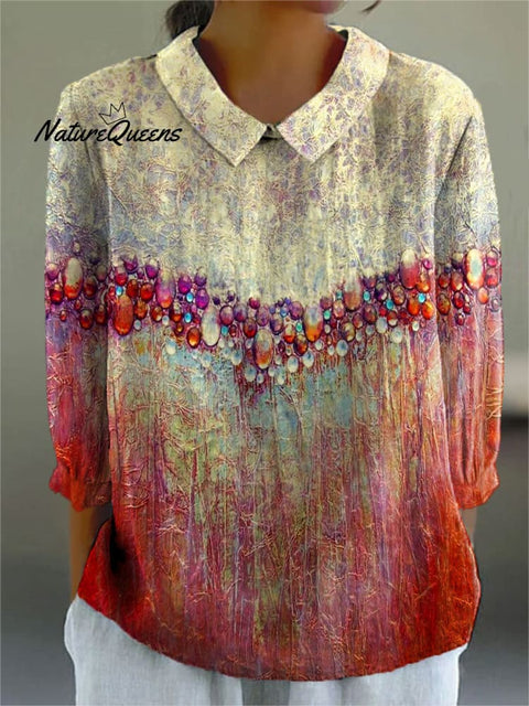Women's Retro Abstract Texture Art Print Casual Cotton And Linen 3/4 Sleeve Shirt