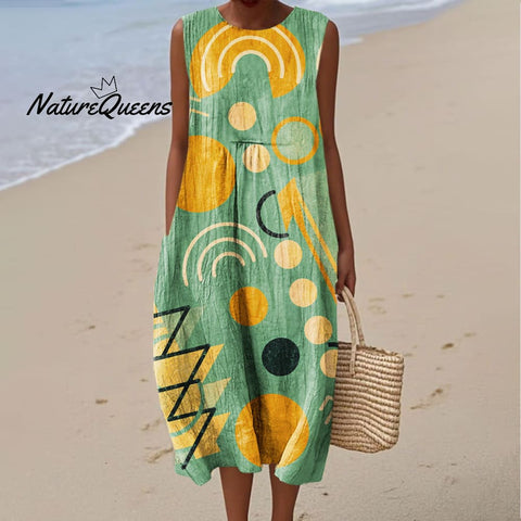 Women's Colorful Geometric Abstract Art Print Sleeveless Cotton Pocket Wrap Dress
