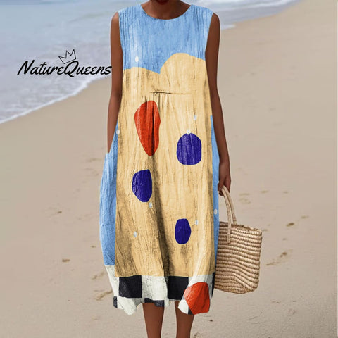 Women's Retro Abstract Spot Art Print Sleeveless Cotton Pocket Wrap Dress