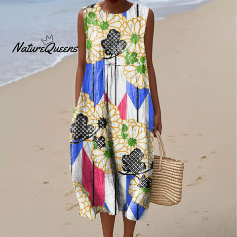 Women's Colorful Geometric Abstract Flower Art Print Sleeveless Cotton Pocket Wrap Dress
