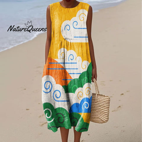 Women's Colorful Abstract Clouds Art Print Sleeveless Cotton Pocket Wrap Dress