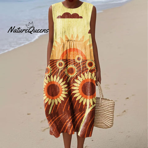 Women's Colorful Abstract Flower Art Print Sleeveless Cotton Pocket Wrap Dress