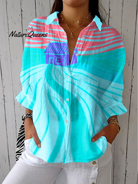Women's Colorful Abstract House Art Print Casual Linen V-neck Shirt