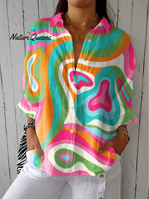 Women's Colorful Abstract Texture Art Print Casual Linen V-neck Shirt