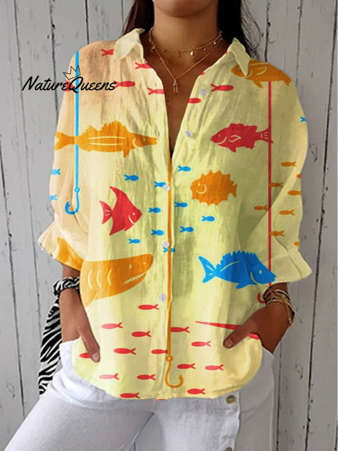 Women's Colorful Abstract Fish Art Print Casual Linen V-neck Shirt
