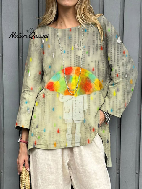 Women's Abstract Colorful Rain Alone Art Print Casual Cotton And Linen Shirt