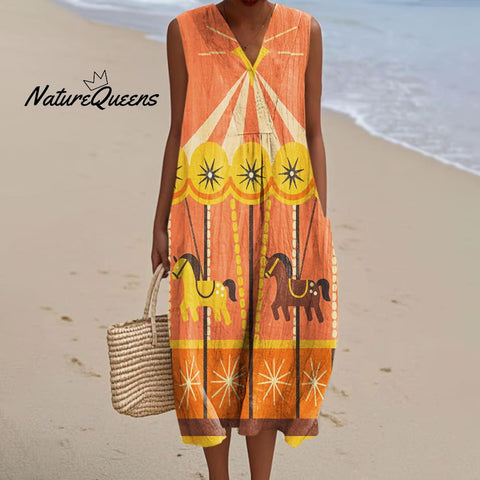 Women's Abstract Colorful Carousel Art Print Sleeveless Cotton Pocket Wrap V Neck Dress