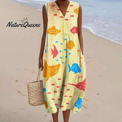Women's Abstract Colorful Fish Art Print Sleeveless Cotton Pocket Wrap V Neck Dress
