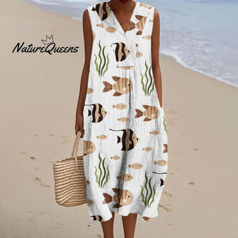 Women's Colorful Abstract Fish Art Print Sleeveless Cotton Pocket Wrap V Neck Dress