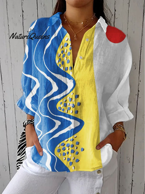 Women's Colorful Abstract Beautiful Art Print Casual Linen V-neck Shirt