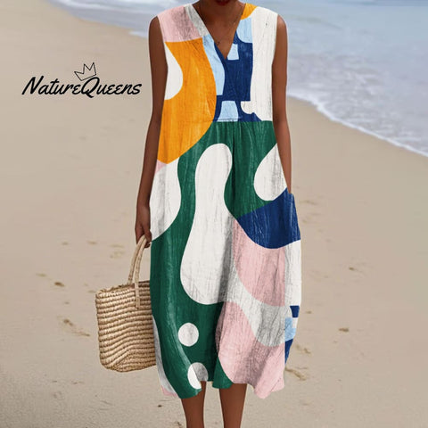Women's Colorful Abstract Geometric Art Print Sleeveless Cotton Pocket Wrap V Neck Dress