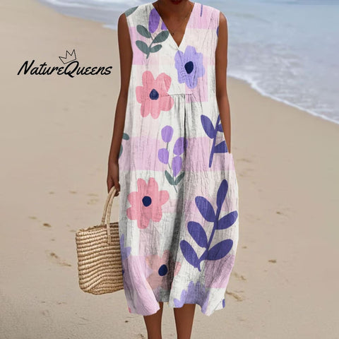 Women's Colorful Flower Art Print Sleeveless Cotton Pocket Wrap V Neck Dress
