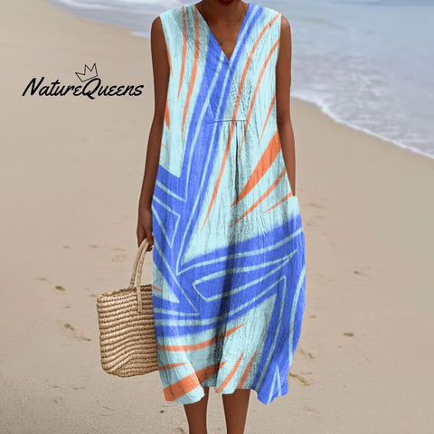 Women's Colorful Abstract Texture Art Print Sleeveless Cotton Pocket Wrap V Neck Dress
