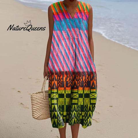 Women's Retro Colorful Stripes Geometric Art Print Sleeveless Cotton Pocket Wrap V Neck Dress