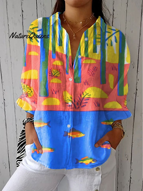 Women's Colorful Abstract Fish Art Print Casual Linen V-neck Shirt