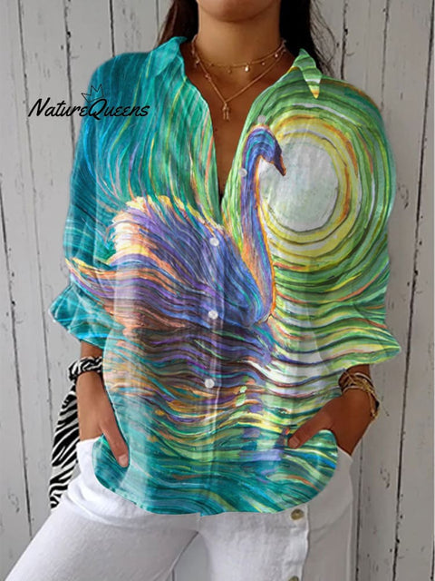 Women's Colorful Abstract Swan Art Print Casual Linen V-neck Shirt