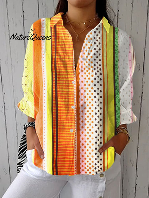 Women's Colorful Abstract Geometric Wave Dot Art Print Casual Linen V-neck Shirt