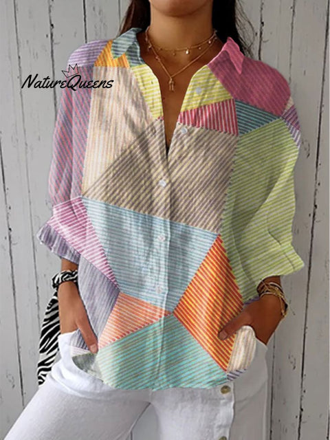 Women's Colorful Abstract Triangle Stripes Art Print Casual Linen V-neck Shirt