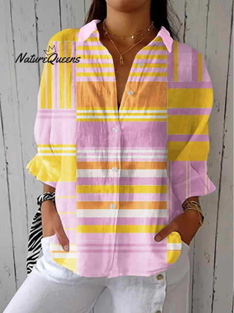 Women's Colorful Abstract Stripes Art Print Casual Linen V-neck Shirt