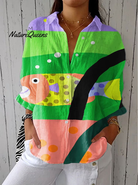 Women's Colorful Abstract Fish Art Print Casual Linen V-neck Shirt