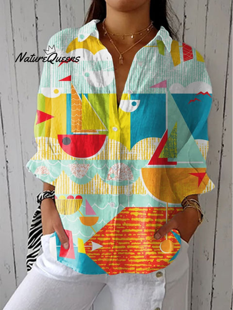 Women's Colorful Abstract Sailboat Art Print Casual Linen V-neck Shirt