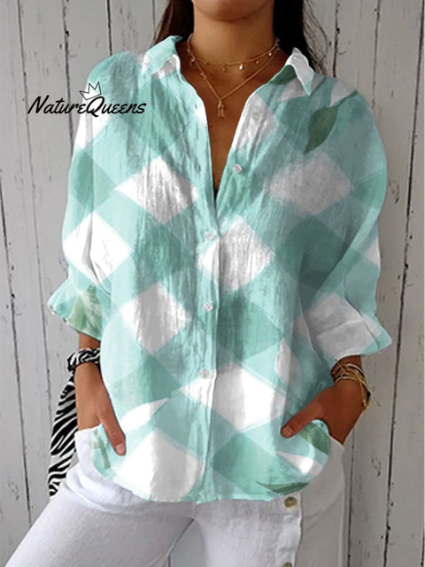Women's Colorful Abstract Plaid Art Print Casual Linen V-neck Shirt