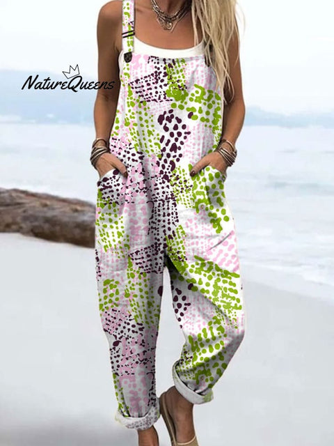 Women's Retro Abstract Spot Art Print Casual 100% Cotton Wide Leg Jumpsuit