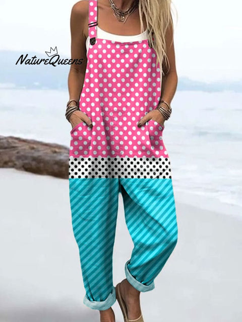 Women's Colorful Abstract Wave Dot Art Print Casual 100% Cotton Wide Leg Jumpsuit