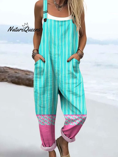 Women's Colorful Abstract Stripes Art Print Casual 100% Cotton Wide Leg Jumpsuit