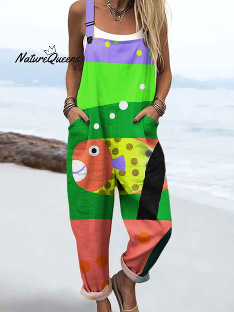 Women's Colorful Abstract Fish Art Print Casual 100% Cotton Wide Leg Jumpsuit
