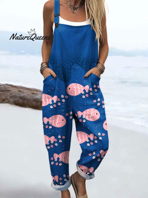 Women's Colorful Abstract Fish Art Print Casual 100% Cotton Wide Leg Jumpsuit