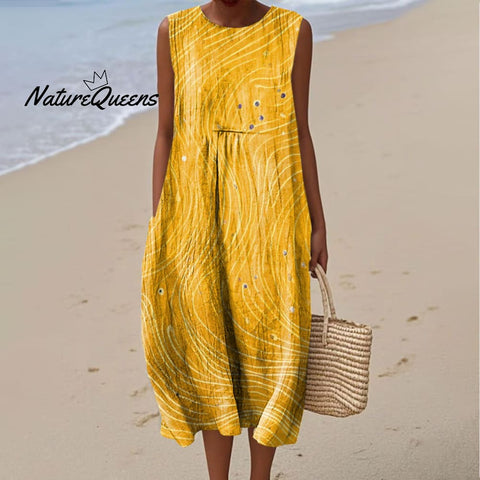 Women's Bright Texture Art Print Sleeveless Cotton Pocket Wrap Dress