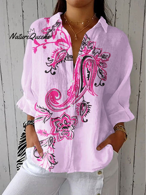 Women's Colorful Paisley Art Print Casual Linen V-neck Shirt