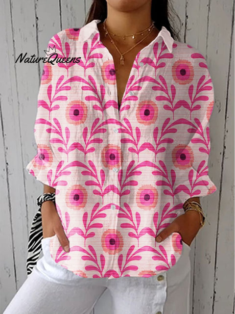 Women's Colorful Flower Art Print Casual Linen V-neck Shirt