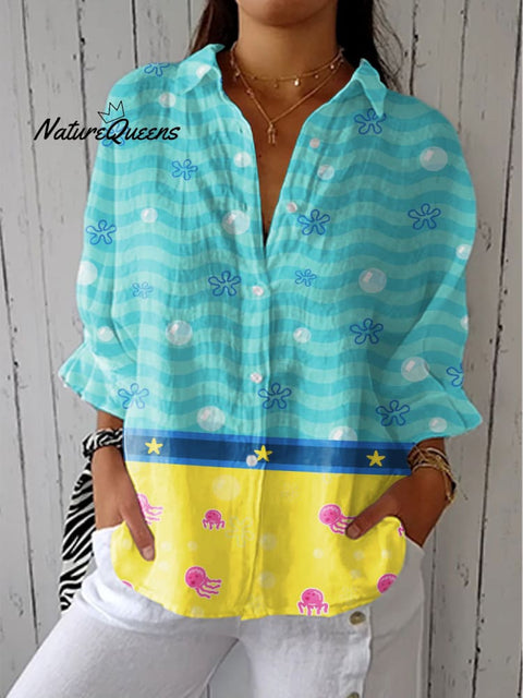Women's Colorful Abstract Ripple Art Print Casual Linen V-neck Shirt