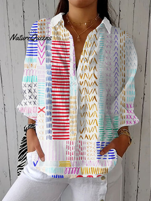 Women's Colorful Abstract Geometric Texture Art Print Casual Linen V-neck Shirt
