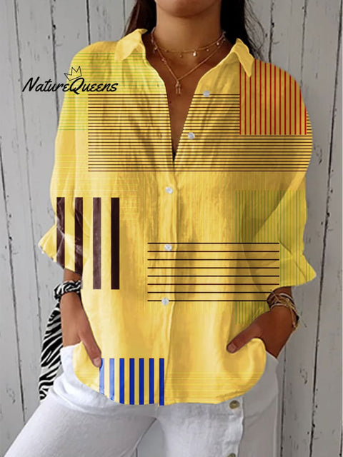 Women's Colorful Abstract Geometric Stripes Art Print Casual Linen V-neck Shirt