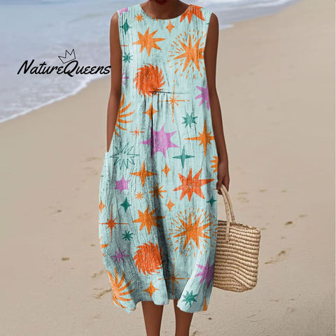 Women's Colorful Abstract Stars Art Print Sleeveless Cotton Pocket Wrap Dress