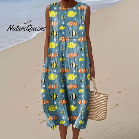 Women's Colorful Abstract Fish Art Print Sleeveless Cotton Pocket Wrap Dress
