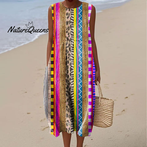 Women's Colorful Abstract Texture Art Print Sleeveless Cotton Pocket Wrap Dress
