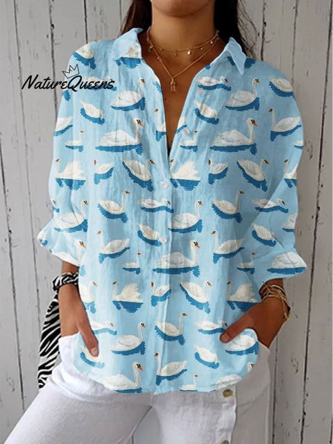 Women's Elegant Swan Art Print Casual Linen V-neck Shirt