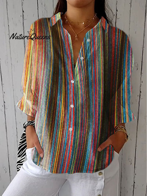 Women's Retro Colorful Stripe Art Print Casual Linen V-neck Shirt