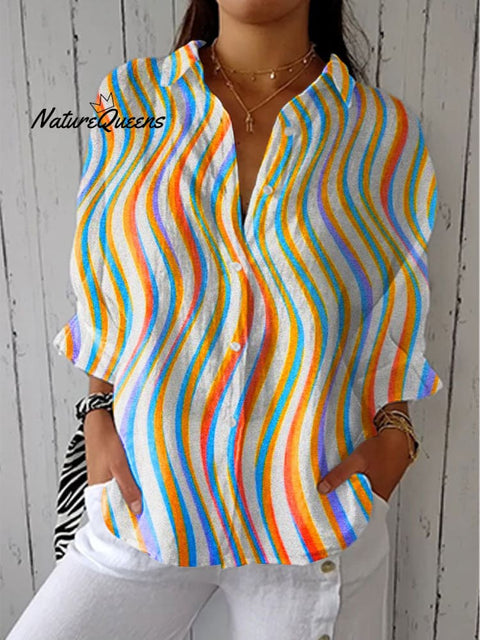 Women's Retro Colorful Stripe Art Print Casual Linen V-neck Shirt