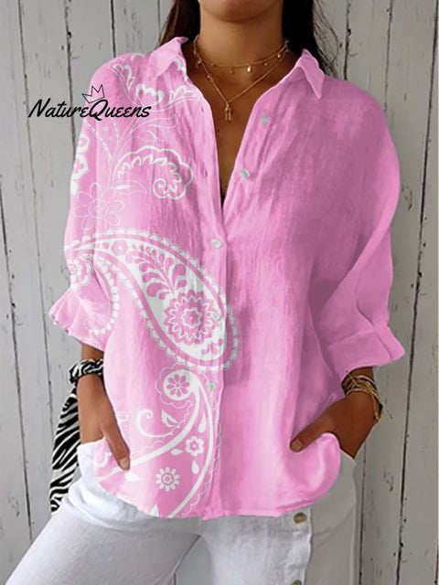 Women's Colorful Paisley Art Print Casual Linen V-neck Shirt