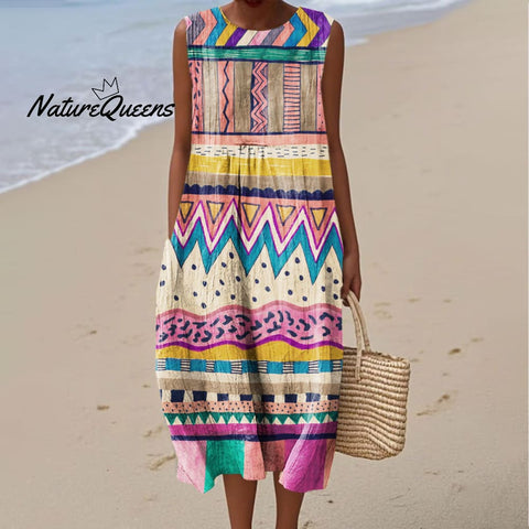Women's Colorful Abstract Geometric Texture Art Print Sleeveless Cotton Pocket Wrap Dress
