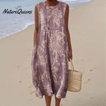 Women's Vintage Flower Art Print Sleeveless Cotton Pocket Wrap Dress